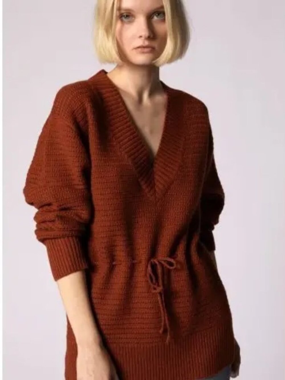 Equipment V-Neck Tie-Front Wool Sweater Rust XS Womens